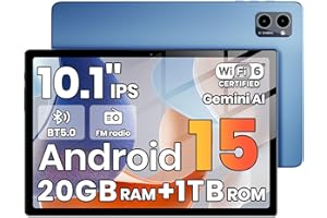 2026 Android 15 Tablet with Gemini AI,10.1 Inch, 20GB RAM + 1TB, Octa-Core 2.0GHz, Widevine L1, 6000mAh, WiFi 6, Bluetooth 5.