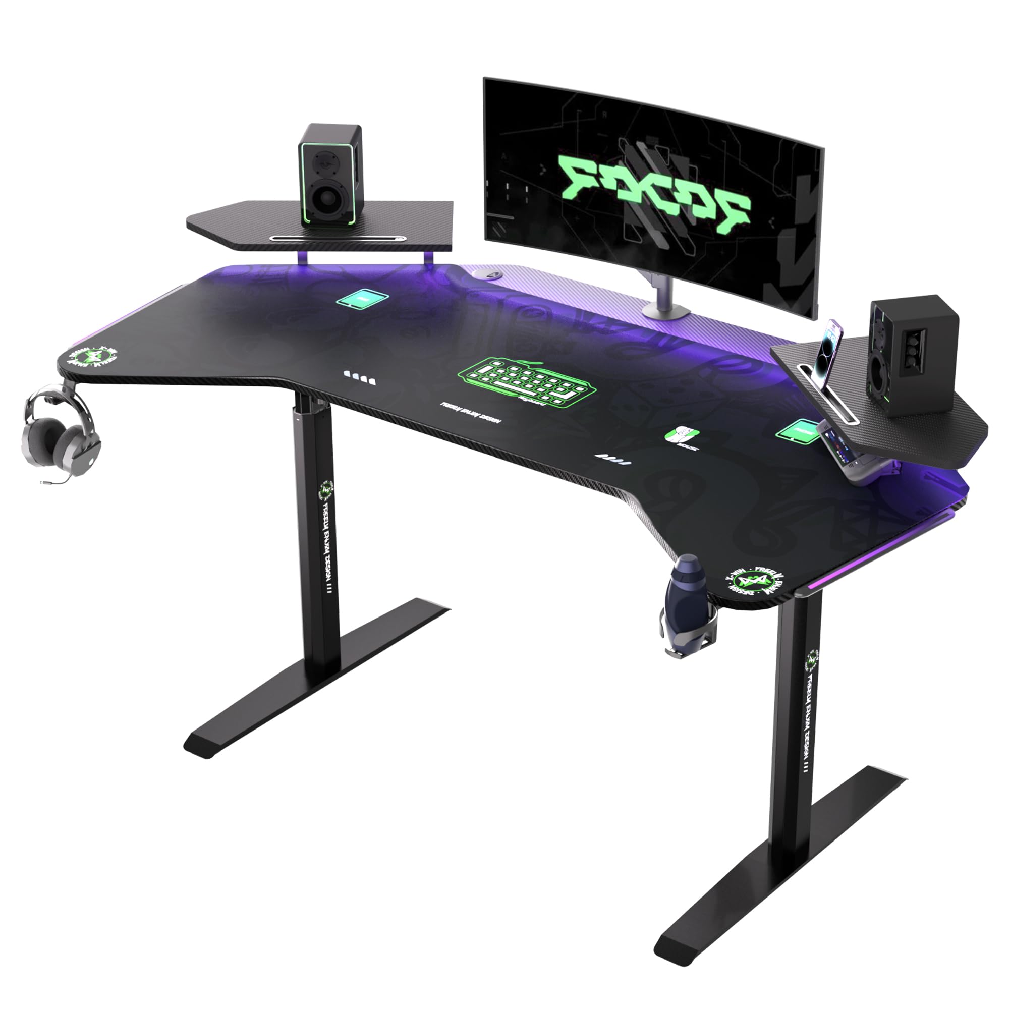 Photo 1 of Klobel 72" Standing Gaming Desk with Dual Motor, Wing-Shaped Computer Desk with Full Coverage Mouse Pad, Electric Height Adjustable Standing Desk with RGB LED Lights and Slot Design Shelves