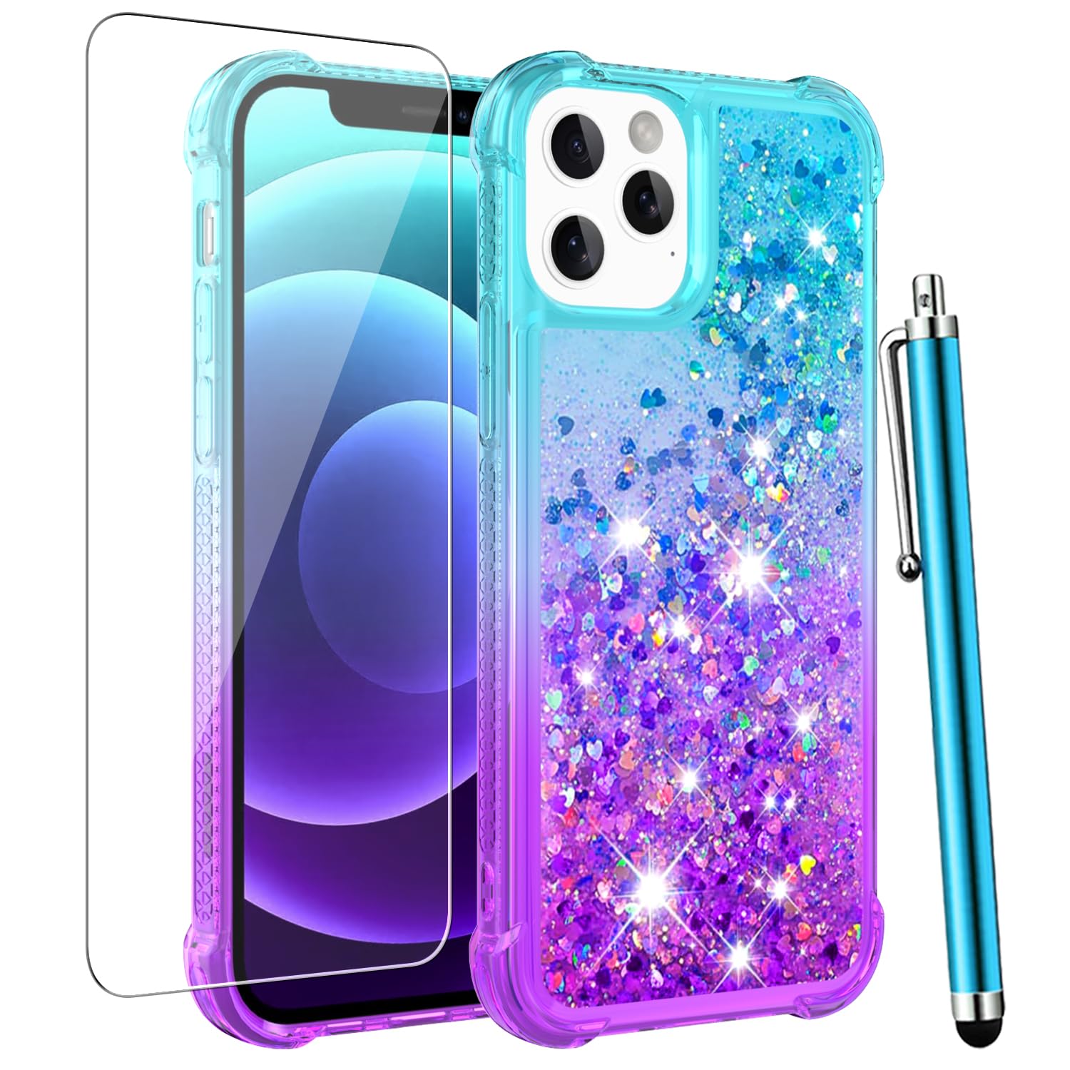 CAIYUNL for iPhone 12 Case Glitter with Screen Protector, Girls Women Girly Cute Bling Sparkly Liquid Floating Slim TPU Soft Shockproof Protective Phone Cover for iPhone 12/12 Pro -Blue Purple