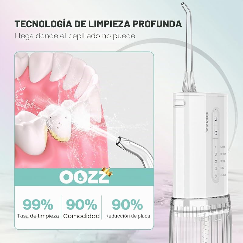 Irrigador bucal de viaje, irrigador oral de bolsillo inalámbrico, 5 modos de presión, 6 puntas de chorro, diseño compacto recargable por USB (Nube)