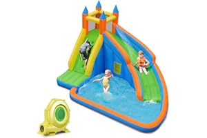 COSTWAY Inflatable Water Slide, Giant Bouncer Water Park with 480w Blower, Climbing Wall, Splash Pool, Indoor Outdoor Blow Up Water Slides for Backyard, Party, Gift Present