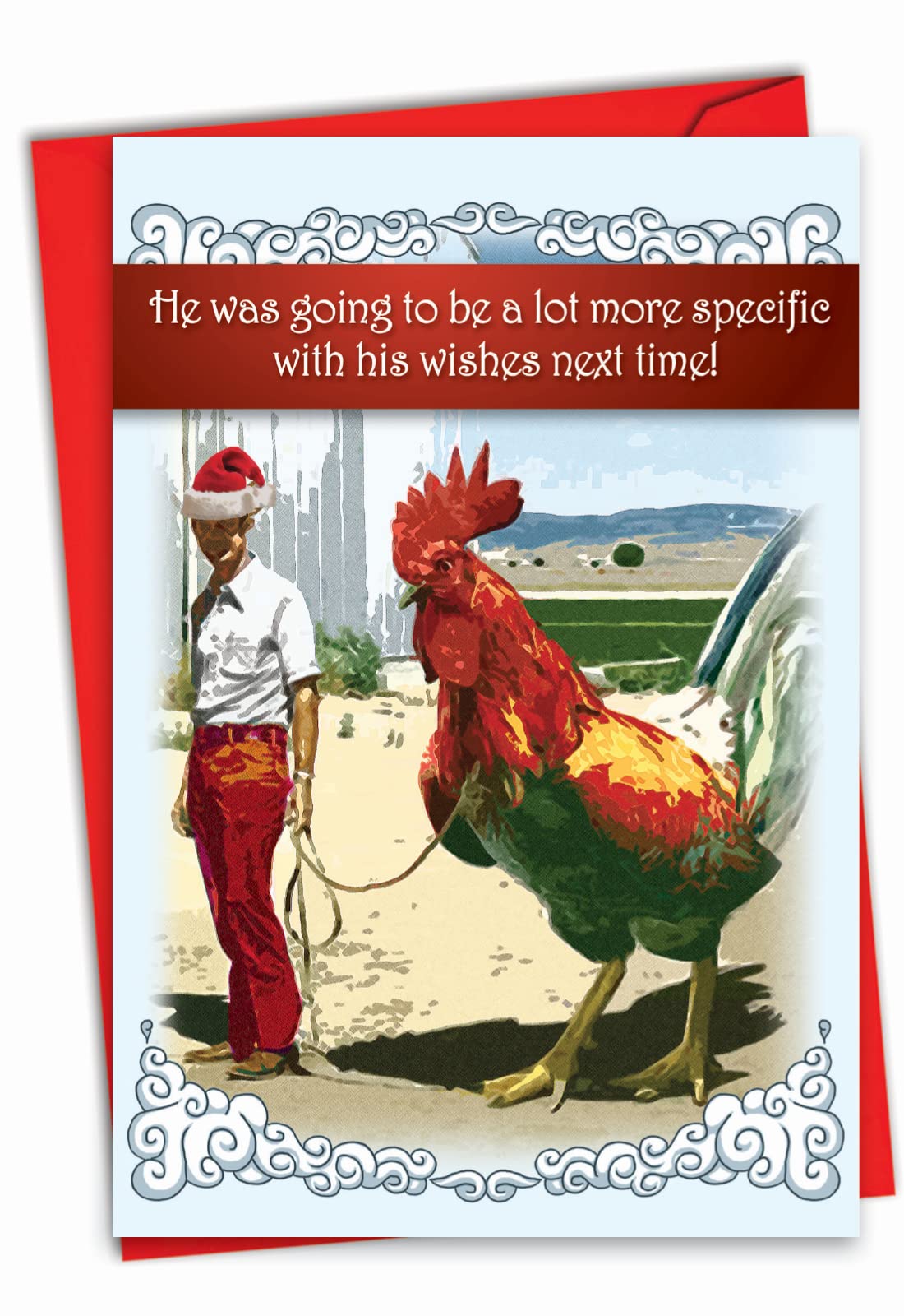 Chicken Christmas Present - Funny Men's Merry Christmas Card with Envelope (4.63 x 6.75 Inch) - Holiday Adult Joke, Season's Greetings Card for Husband, Men - Happy Holidays Notecard Stationery 1345