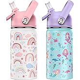 ACESAK 14oz Kids Insulated Water Bottle with Straw Lid - 18/8 Stainless Steel Kid Cup Travel Tumbler Double Wall Vacuum Leak Proof Portable Toddler Water Bottle (Rainbow + Mermaid)