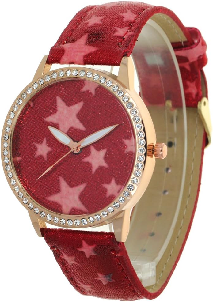Stars Pattern Printed No Hour Pointers Dial and Straps Lady Watches 12 Edges and Corners Convex Prism Crystal Gold Case Women Japan Quartz Analog Stylish Casual Dress Wristwatch Girls Gifts