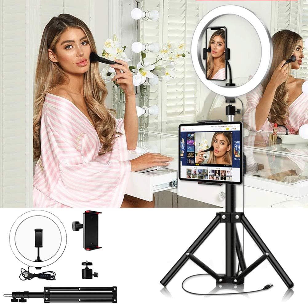 Black Hound Ring Fill Light, 10 Inch Selfie O Ring Light with Tripod Stand for Tablet Youtube Lighting with Tablet Phone Holder and Phone Clip, 3 Led Light Modes and 10 Brightness Level