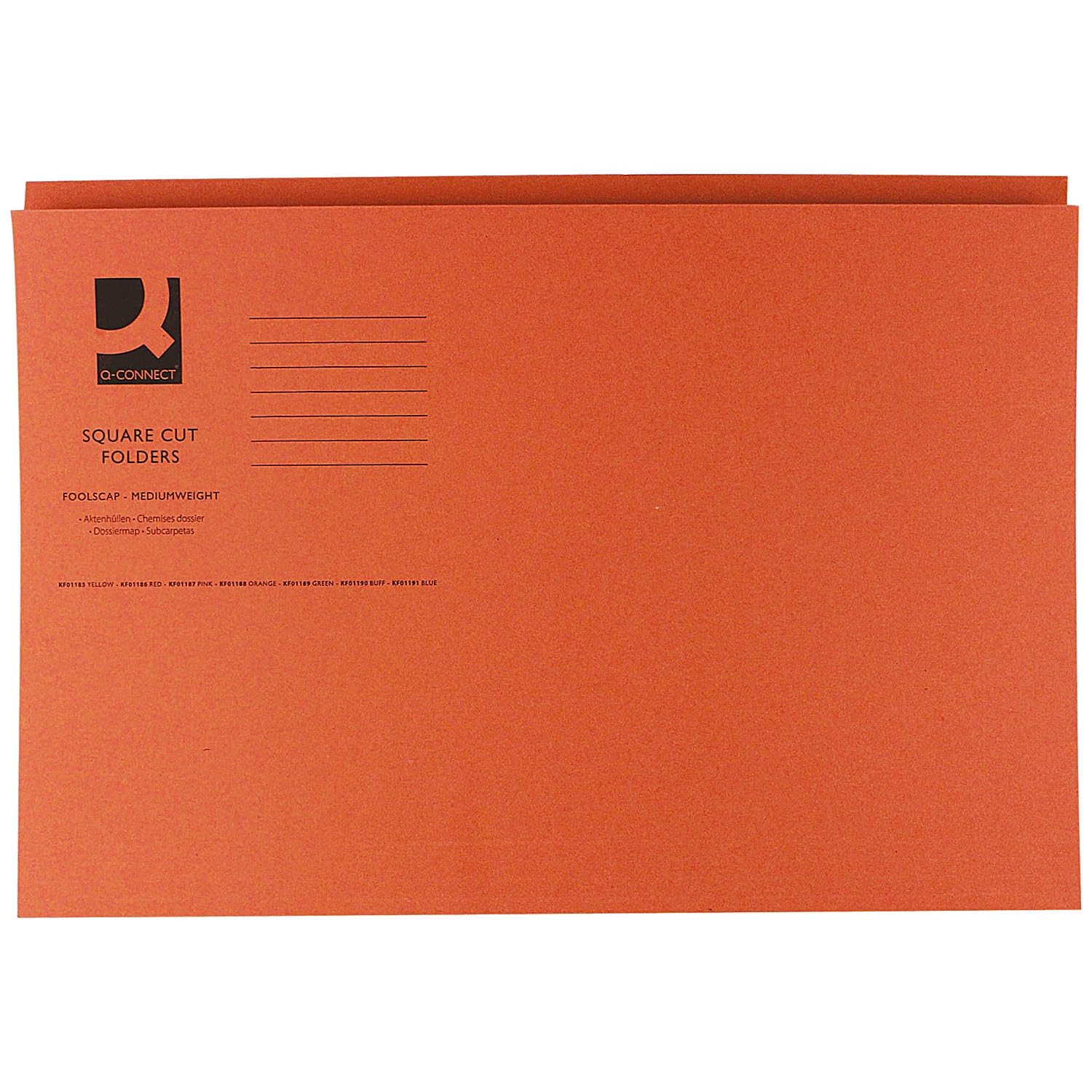 Q-Connect Square Cut Folder Medium Weight Foolscap KF01188, 250 g - Orange, Pack of 100
