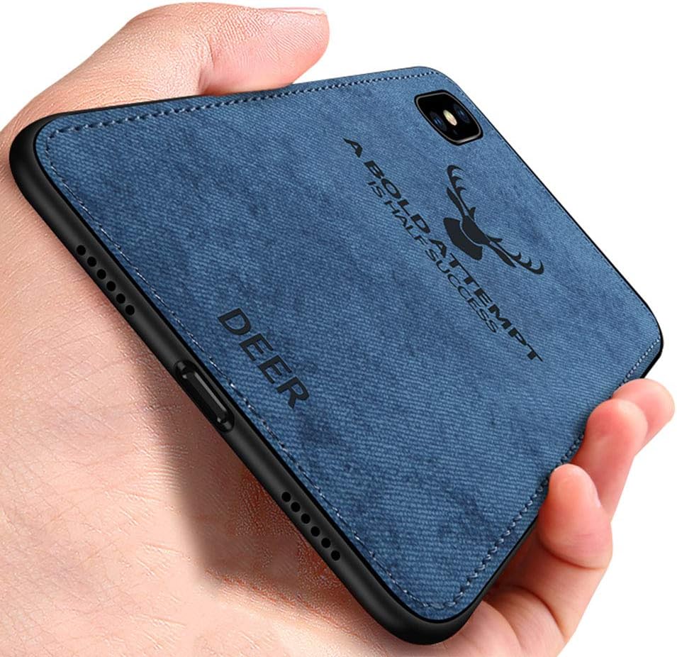 ShenFang Light Slim Deer Head Pattern Non-Slip Shockproof Soft TPU Bumper Hard PC & Cloth Back Hybrid Protection Case for iPhone Xs Max 6.5" - Blue