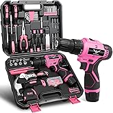 JENABOM Drill Set: Tool Set with 12V Pink Cordless Drill, Home Tool Kit with Drill, Hand Tool Kits for Women, Homeowner, Diye