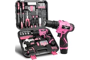 JENABOM Pink Tool Set - 12V Cordless Drill Kit, 151 Piece Box With Hand Drill, Home Tool Kits for Men & Women, Perfect for Homeowner, Diyer, Handyman