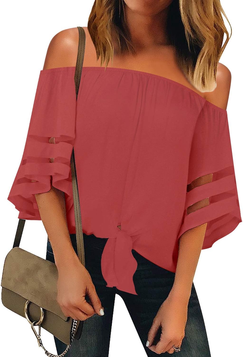 Women's Casual Off Shoulder Mesh Panel 3/4 Bell Sleeve Front Knot Loose Blouse Top
