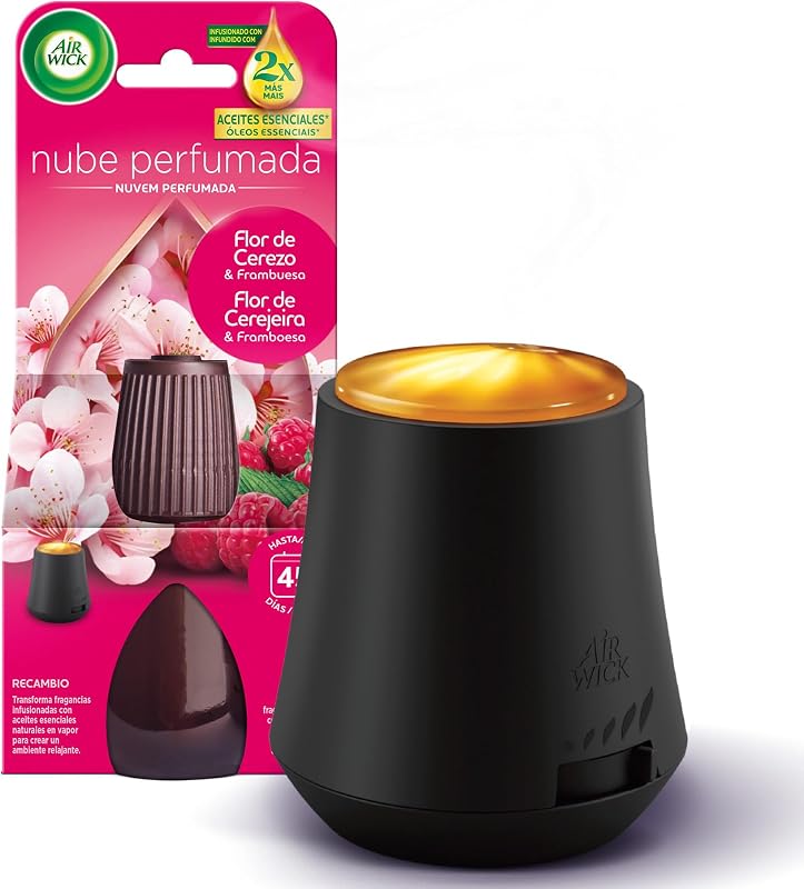 Essential Mist, Purificador de ar difusor de óleos essenciais que brilha quando liberta vapor, com um aroma de Flor de Cerejeira e Framboesa infundido com 2 vezes mais óleos essenciais