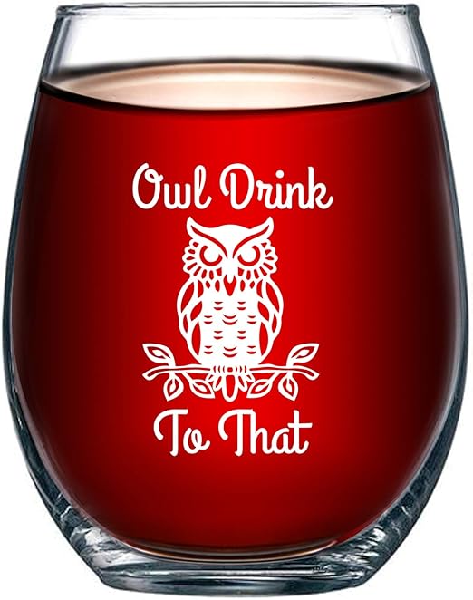 Amazon Com Owl Drink To That Funny 15 Ounce Stemless Wine Glass
