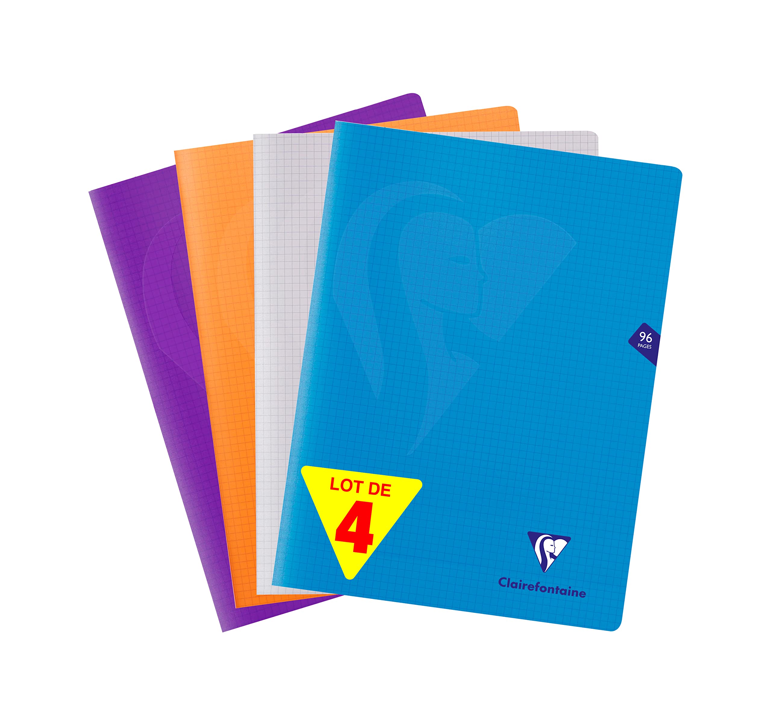 Clairefontaine 293362AMZ Set of 4 Mimesys Stapled Notebooks - 24x32cm - 96 Small Square Pages - White Paper 90g - Ast Covers (Blue, Colourless, Orange, Purple)