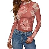 Dressmine Long Sleeve Mesh Tops for Women Mock Neck Floral Blouse Layering Sexy Fitted Going Out Top
