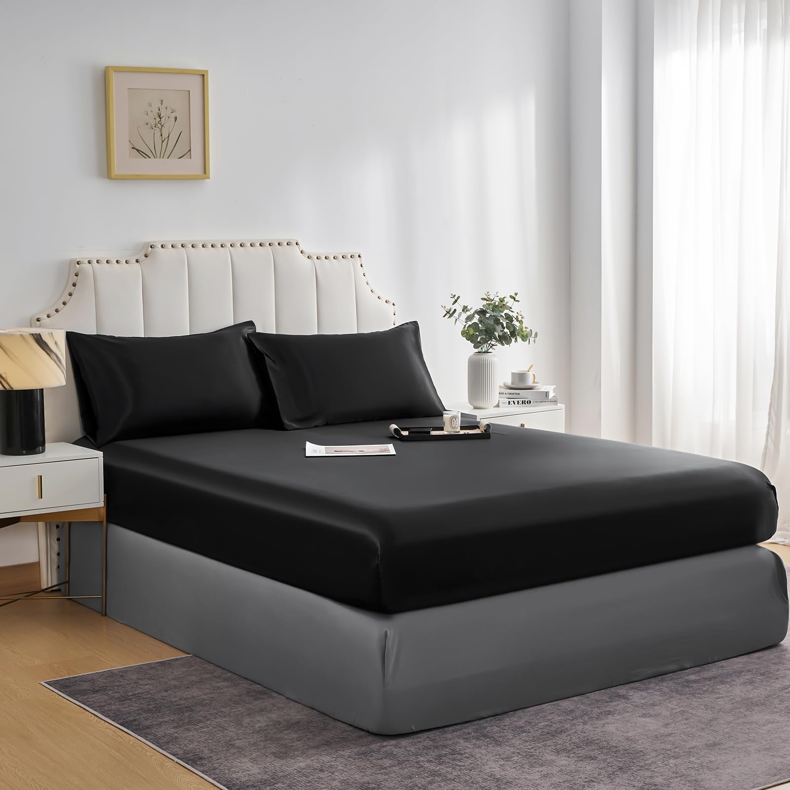 JHCHMX Satin Black Fitted Sheet King Size,Deep Pocket Silky King Bed Sheet,Soft Satin& Wrinkle Resistant Fitted Bed Sheet Black King 153x203cm