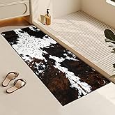 MUGINYU Cowhide Cow Print Bath Mat,Long Western Bathroom Rug for Farmhouse Cowboy Decor,Quick Dry Absorbent Non-Slip Narrow Shower Rug Runner Mats for Bathroom Floor with Rubber Backing