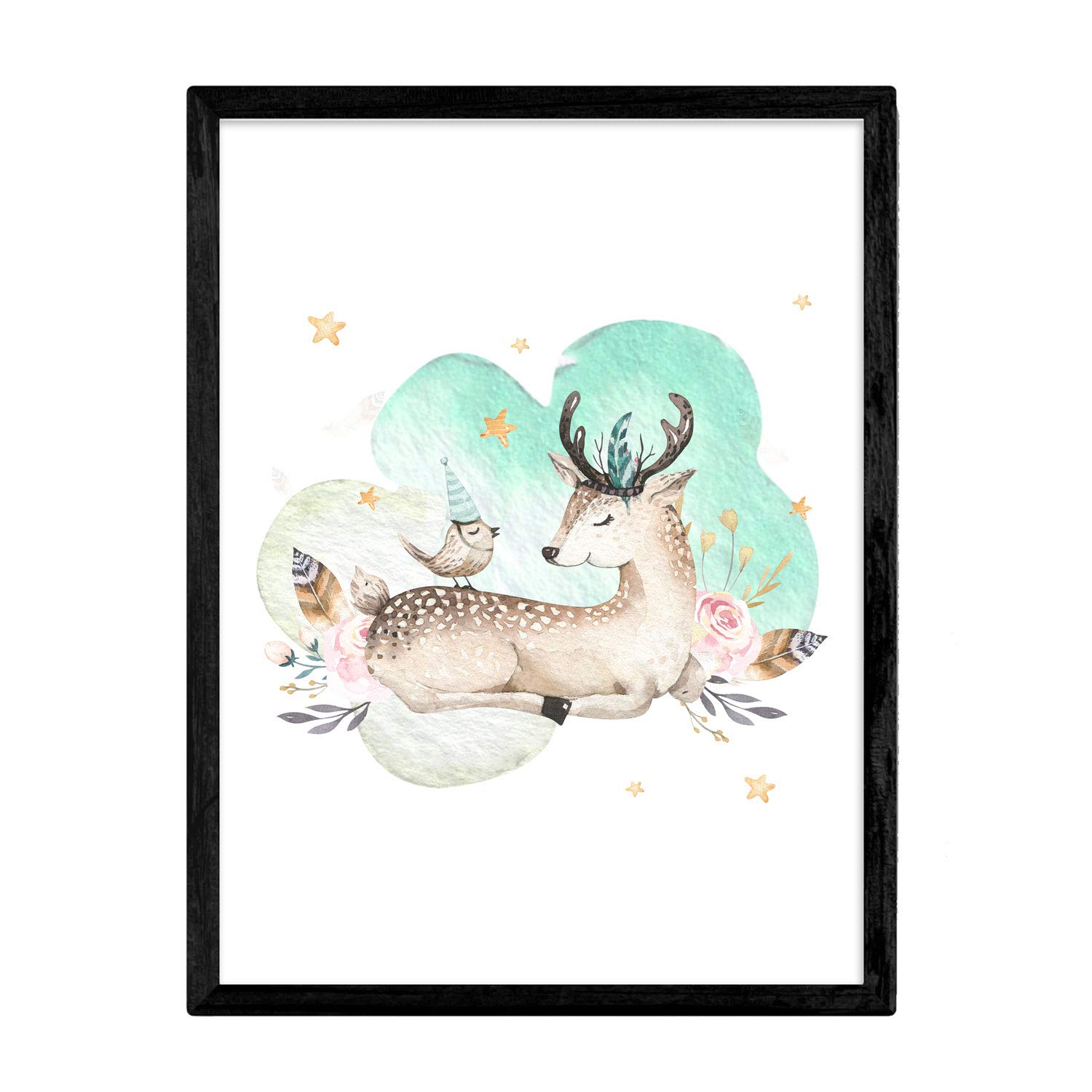 Nacnic Poster with illustration of animal. Sheet with children's animal pictures. deer and bird. A3 size unframed