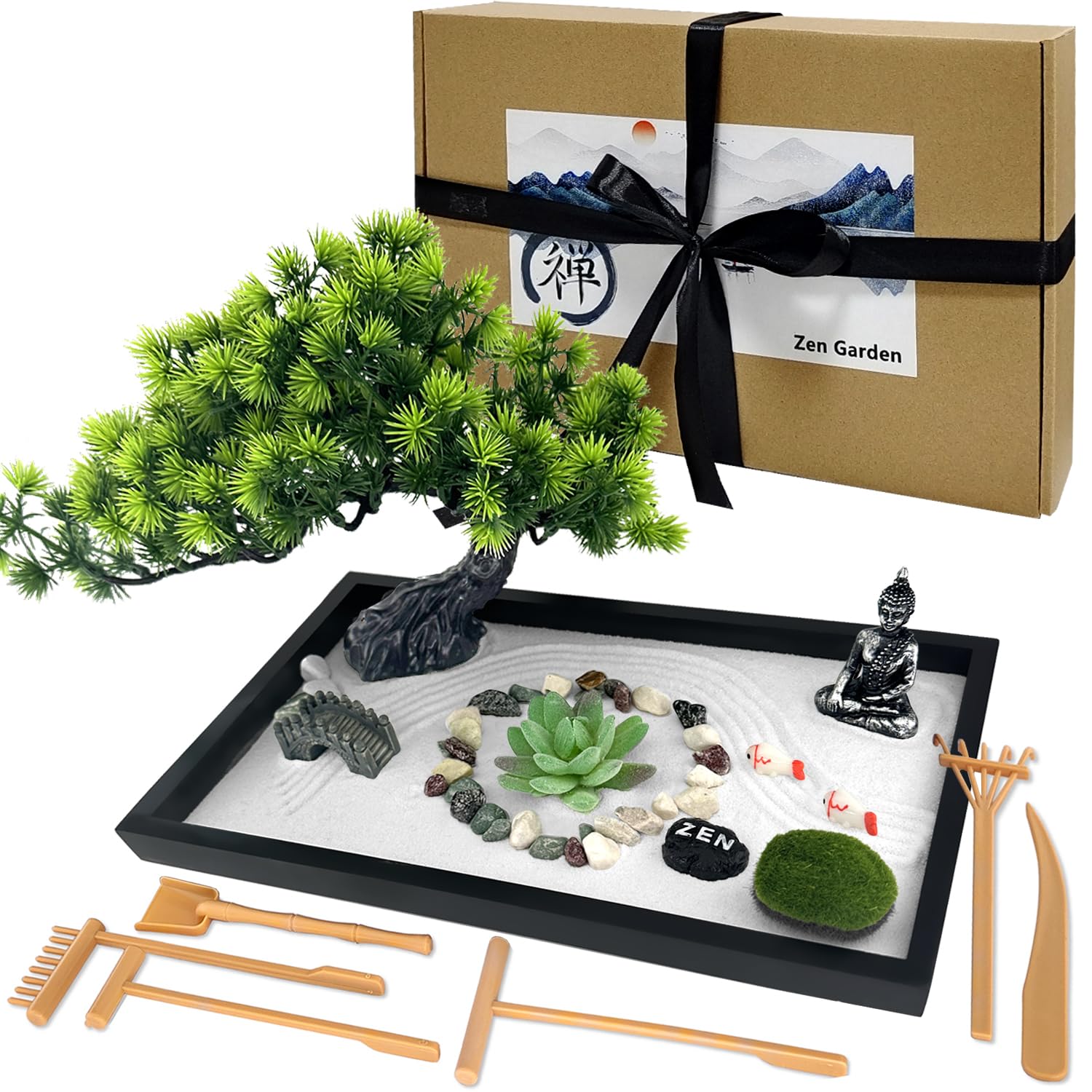 LuXianYS Japanese Mini Zen Garden kit 12x8in, Mini Rock Garden Gift Set, Zen Garden Home Decoration, Meditation Gift Set, Zen Sand Garden Buddha for Meditation, Relaxation and Gift