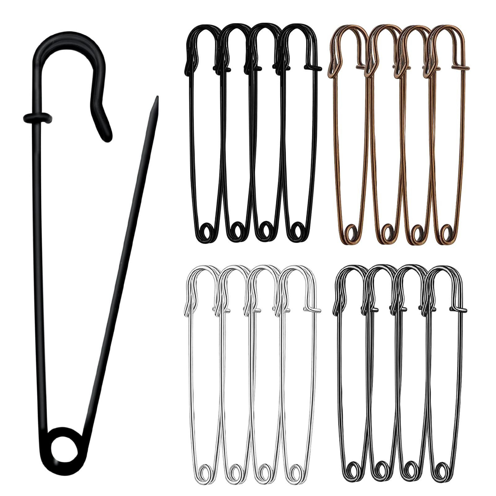 Urmspst Large Safety Pins (10cm), Pack of 16, 4 Colors, Heavy Duty, Rust-Proof Steel, Bronze, Silver, Black, Brilliant Black