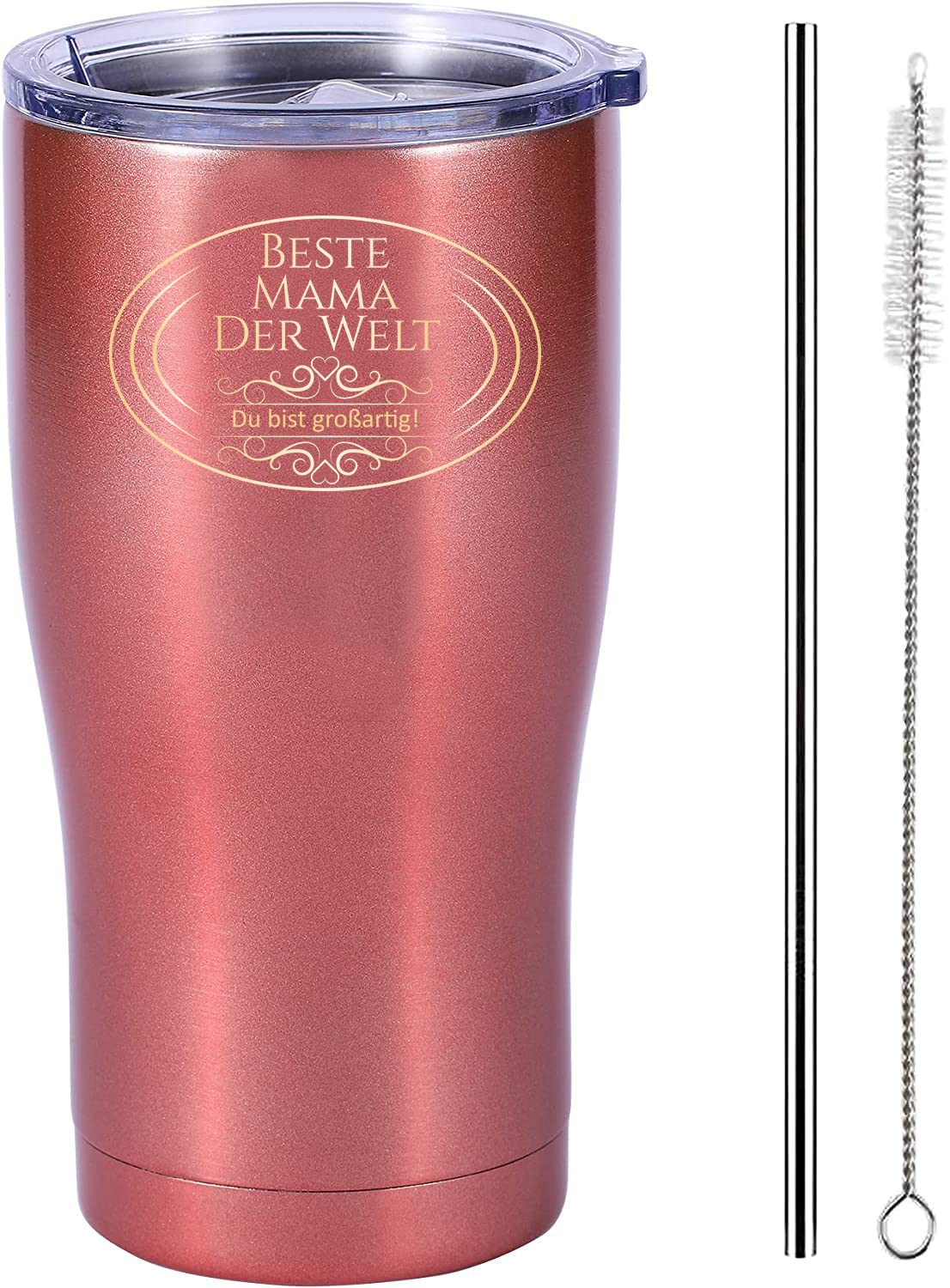 Thermal Mug Coffee to Go - Best Mama in the World - Travel Mug Gift Idea for Mum, Birthday Gift for Women, Wife - Coffee Mug with Lid, Straw and Tube Brush 500 ml (Pink)