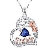 POTOPYY Sister Birthday Gifts for Sister 925 Sterling Silver Heart Rose Birthstone Necklace for Women Anniversary Valentines Day Gifts for Her