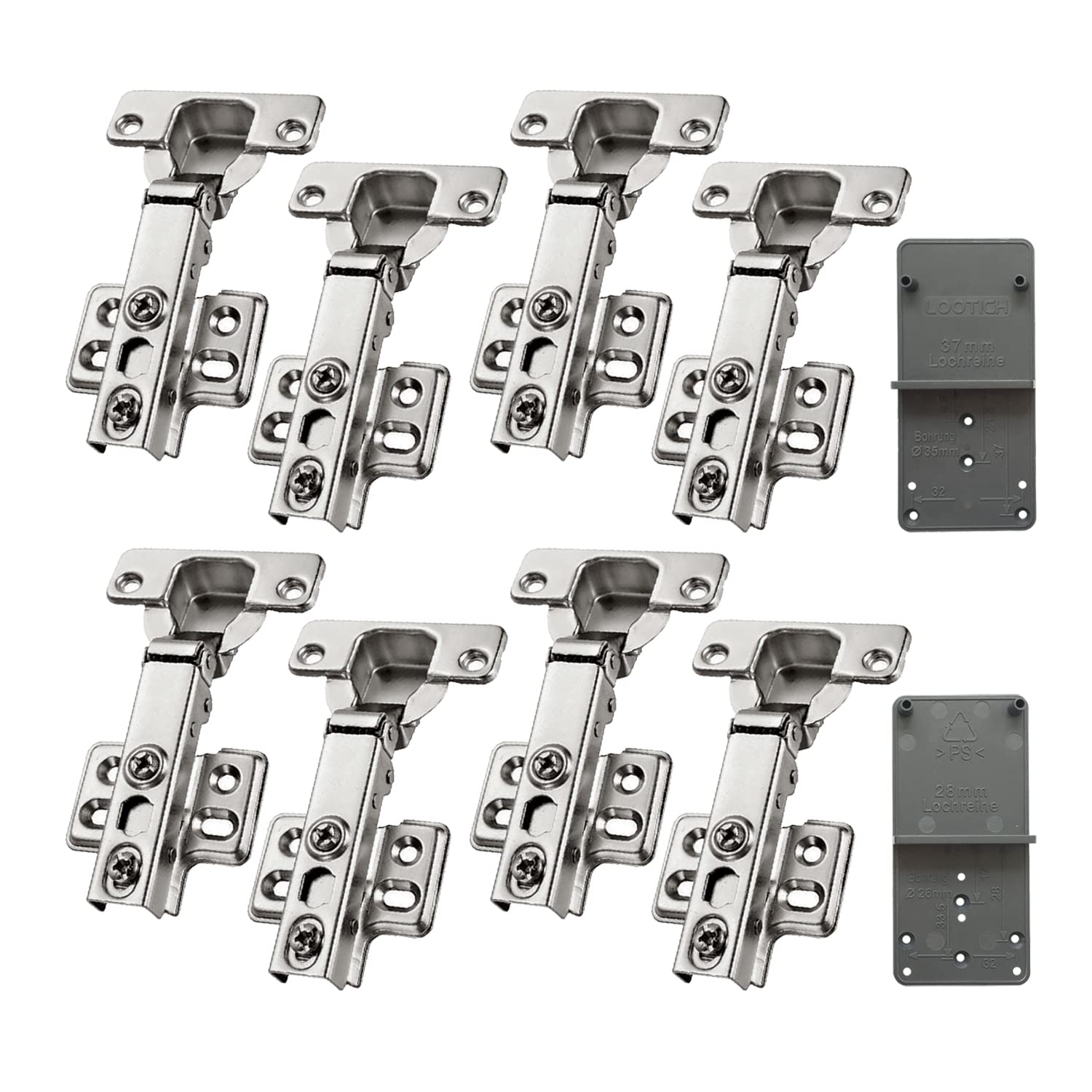 LOOTICH 105 Degree Fixed-On Full Overlay Straight Arm Hinges for Kitchen Cabinet Cupboard Wardrobe Door Hinge with Integrated Soft Closing with Drilling Template Pack of 8