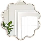 Maxpeuvon Wall Mirror, Farmhouse Round Mirror with Beads Wavy Frame Hanging Circle Boho Wall Decor for Living Room Entryway Bathroom Over Sink Hallway, 15x15 Inch