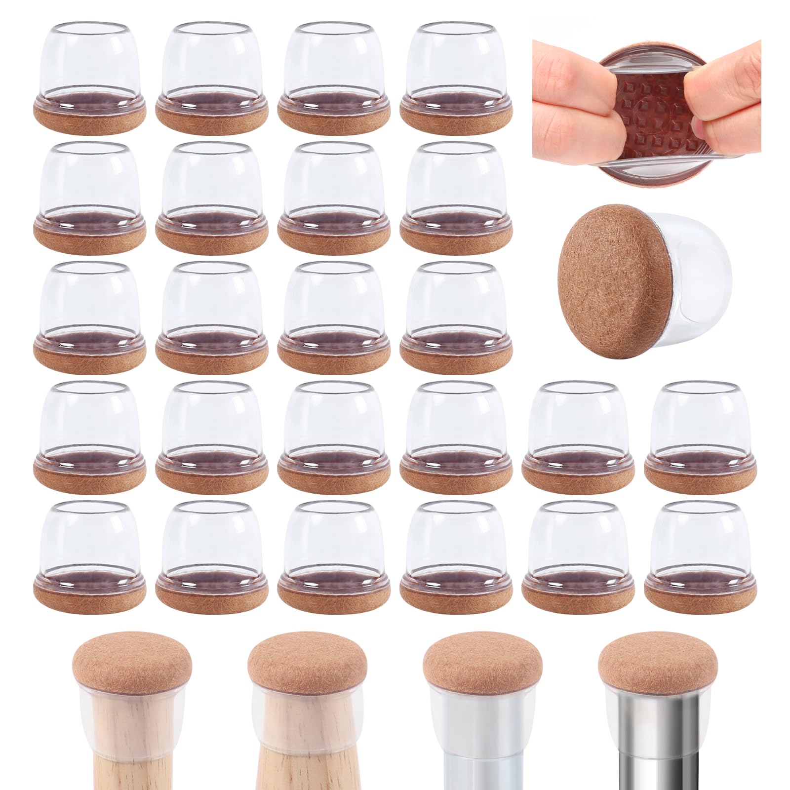 32PCS Clear Round Silicone Floor Protectors with Felt, Felt Furniture Pads, Chair Leg Caps Covers, No Scratches and Reduce Noise (Fit: 1.1''–1.45'', Clear)