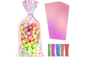 Cherodada Cellophane Treat Bags, 6x12 Inch Iridescent Cellophane Bags with Thank You Stickers and Twist Ties, Celebrations Baby Showers Weddings Birthday Party Gift Wrapping(Pack of 100)