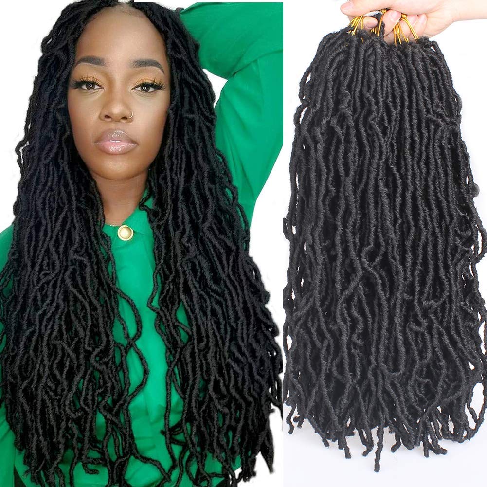 Xtrend 7 Packs 18 Inch Natural Black Soft Nu Faux Locs Crochet Braids Hair Synthetic Pre Looped Soft Dreadslocks Braiding Hair Fashion Goddess Faux Locs Curly Wavy Hair Extensions 12strands/pack 1B# โ image 1