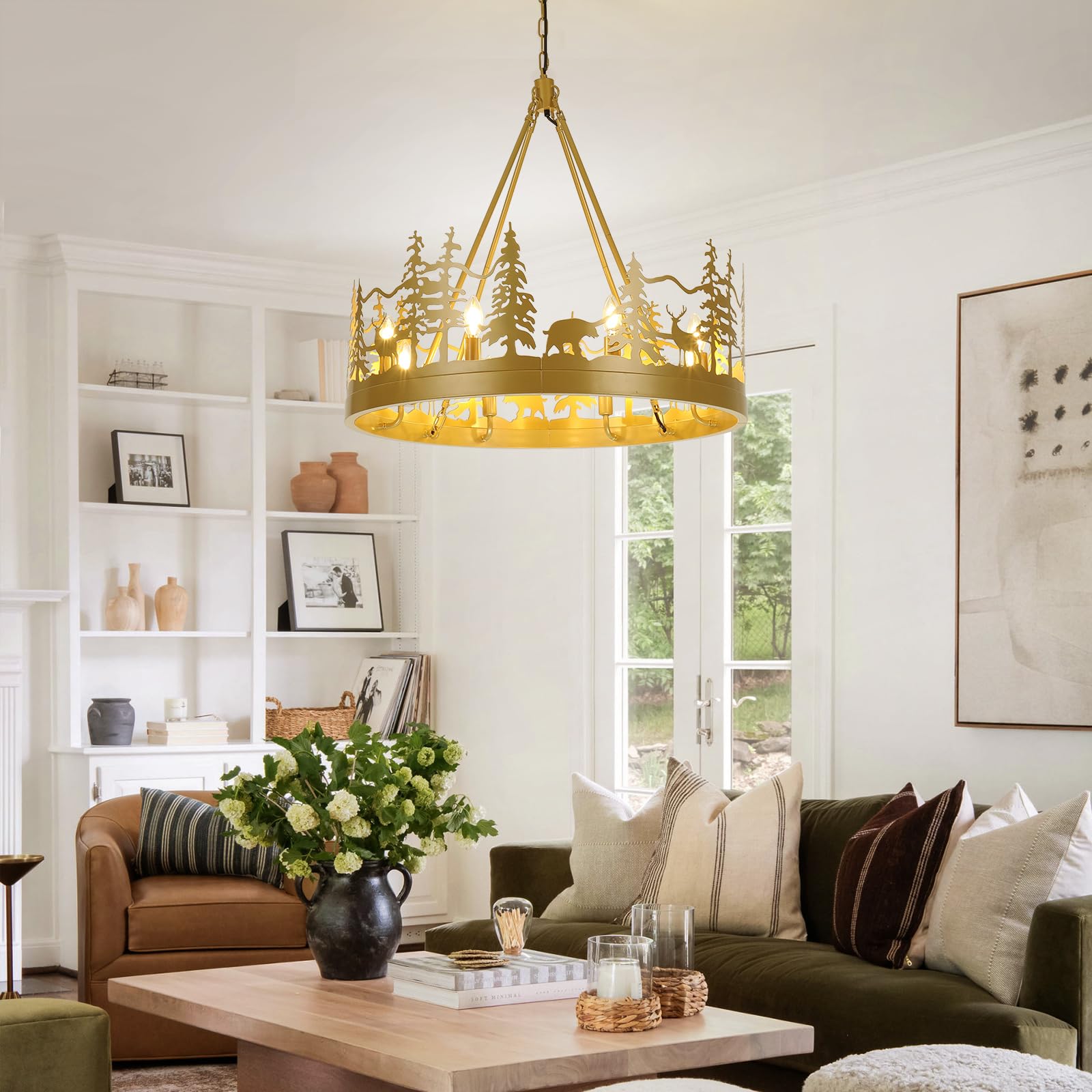 Bicrink Gold Wagon Wheel Chandelier Modern Farmhouse Chandeliers for Dining Room Vintage Dining Room Light Fixtures Over Table, Pendant Light Fixtures Rustic Chandelier for Living Room, Kitchen