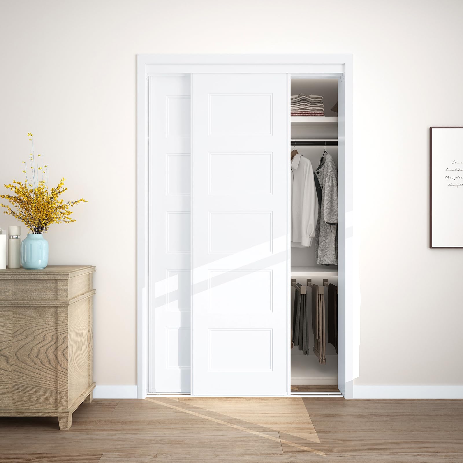 View 1 of *Hole on door* JUBEST Sliding Closet Door 48"(Double 25") x80, 5-Panel Steel Frame Bypass Primed Door with Top & Bottom Track Kits, Pre-Assembled Hardboard Panels with Paintable Surface, Durable & Sturdy