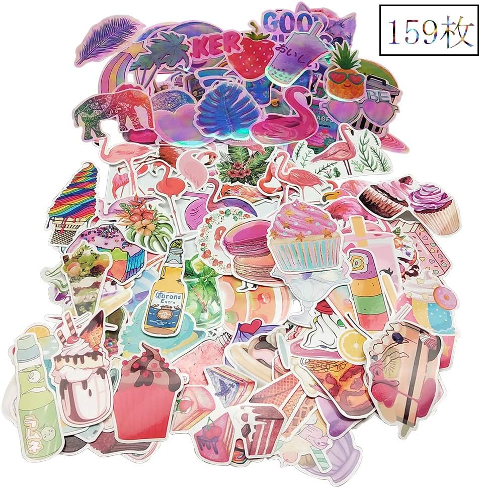 Amazon 159枚セット 旅行スーツケースステッカー カワイイ漫画の夏の夢のようなカラフルなフラミンゴアイスクリームケーキドリンク シール ステッカー 防水 スーツケースステッカー スケボーやスーツケースなどに貼って シール ステッカー おもちゃ