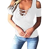 SEMATOMALA Women's Cold Shoulder Sexy Lace Up V Neck Short Sleeve Tee Shirts Tops Clubwear Plus Size