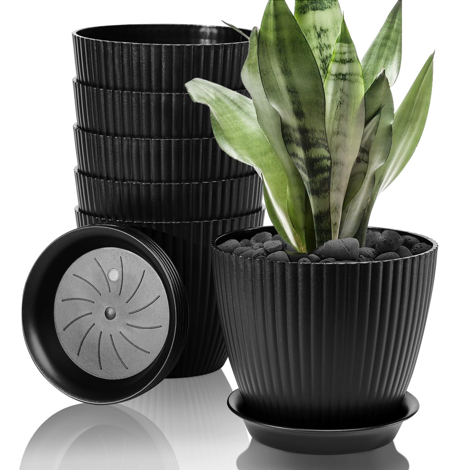 FORAGIFT 15cm Plant Pots Indoor, 6 Pack Stripe Grooves Plastic Flower Pots with Drainage Holes and Tray, Modern Decorative Planter Pot for All House Plants, Black