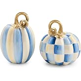 MACKENZIE-CHILDS Resin Pumpkins Set, Petite, Royal Check and Stripe | Hand-painted design, decorative fall and Thanksgiving figures, Check (4" dia. x 4.5" H) and Stripe (3" dia. x 5" H), set of 2