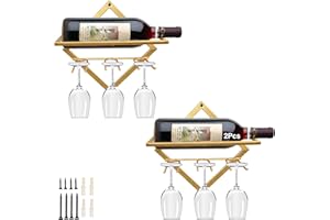 AUHOKY 2Pcs Metal Wall Mounted Wine Holder Stemware Glass Rack, Upgrade Collapsible Hanging Red Wine Racks Organizer with 3 Stem Glass Holders, Wine Bottle Display Hanger for Home Kitchen Bar Decor…