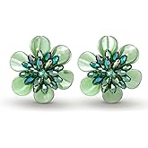 AeraVida Shimmering Blue Metallic and Green Crystal Bead Flower Clip-On Earrings | Earrings for Unique Nature Inspired Fashion Accessories with a Colorful Floral Vibe