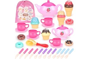 Oisacirg Tea Set for Little Girls, 32 Pcs Kids Tea Party Set Including Teapot, Sugar Pot, Cups, Ice Cream, Princess Pretend Play Tea Set for Little Girls Toys for Kids Toddlers Age 3 4 5 6