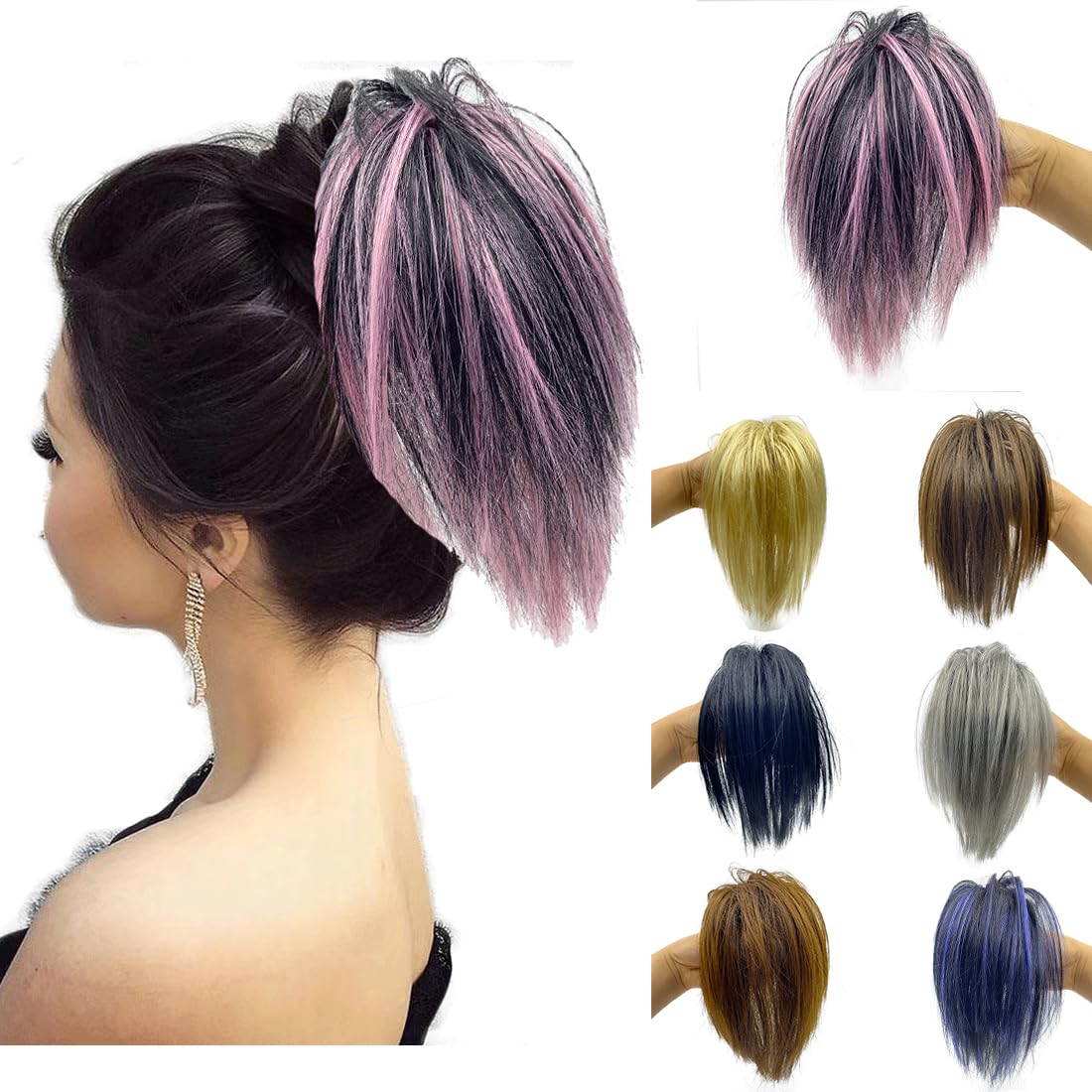 Messy Hair Highlight Ponytail Extension Claw Bun Hair Piece Elastic Drawstring Synthetic Ponytail Extension Hair Bun Extension for Women Daily Use light (Mix Pink)