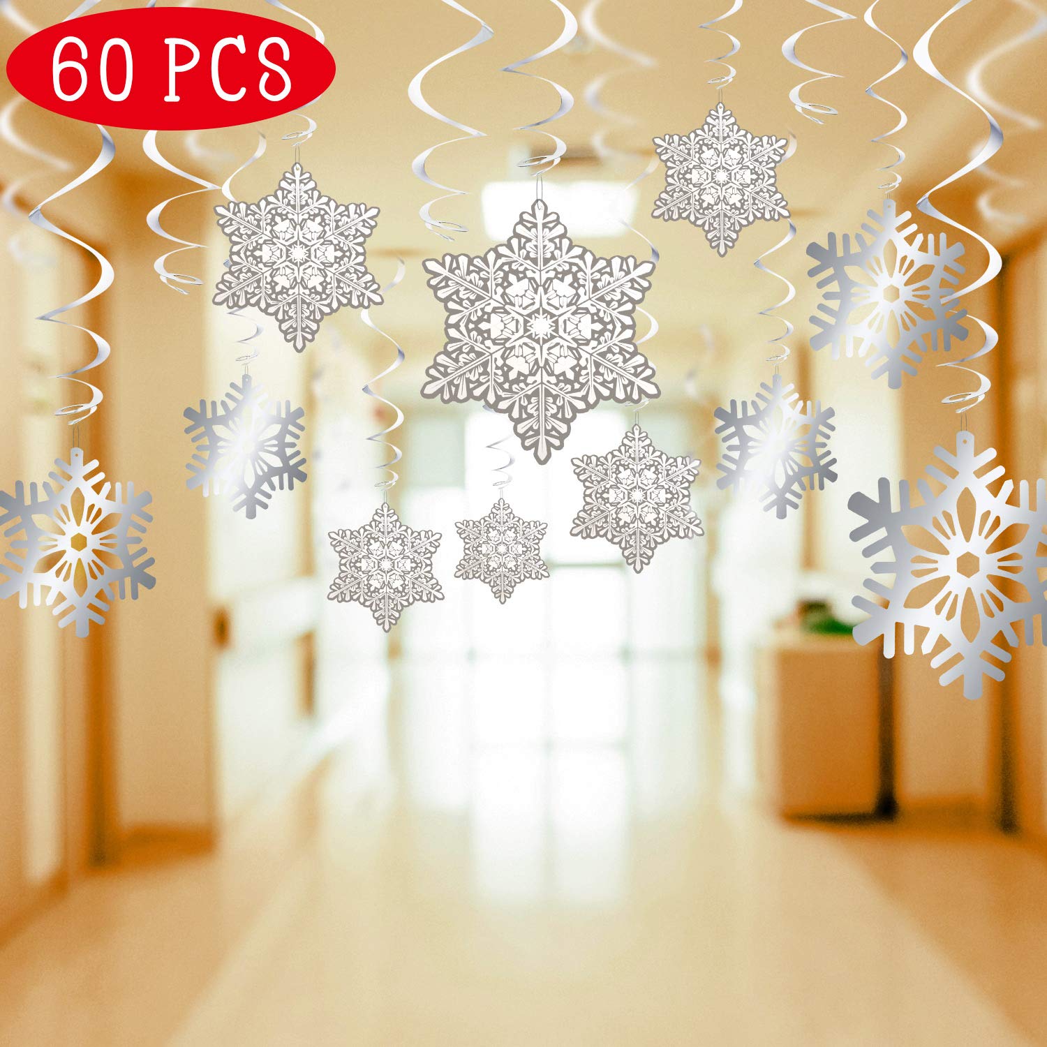 60 Pieces Christmas Snowflake Hanging Swirl Decorations Spiral
