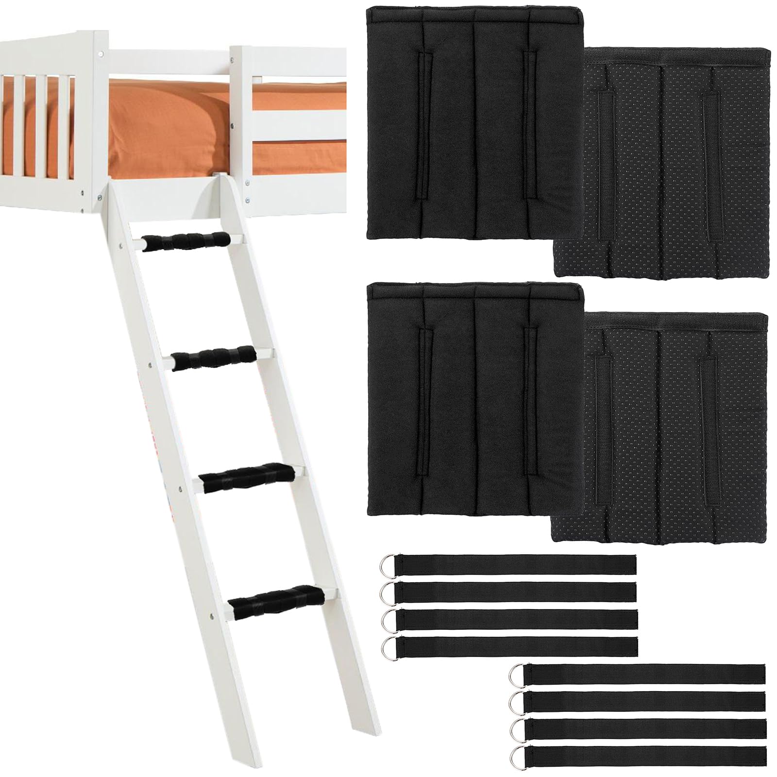 BTSKY 4Pcs Bunk Bed Ladder Pads with 8pcs Adjustable Hook and Loop Fastener Straps - Black Anti Slip Cover Foam Padding Cushion for Stepladder Climbing Ladders Bed Ladders Telescoping Ladder