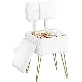 GLANZALANT Small Vanity Chair with Storage and Folding Back, 14.2" D x 12.6" W x 28.3" H Soft Storage Ottoman, Footrest Stool, Teddy Fleece Vanity Stool for Makeup, Bedroom, Living Room, White