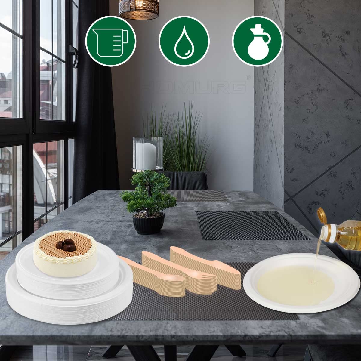 HOMURG Einweg Teller und Holz Besteck 30 Set, Einweggeschirr Set mit Dessertteller + Speiseteller + Gabel + Messer + Löffel 150 Stück, Party Geschirrset mit Pappteller und Holzbesteck für 30 Personen 7