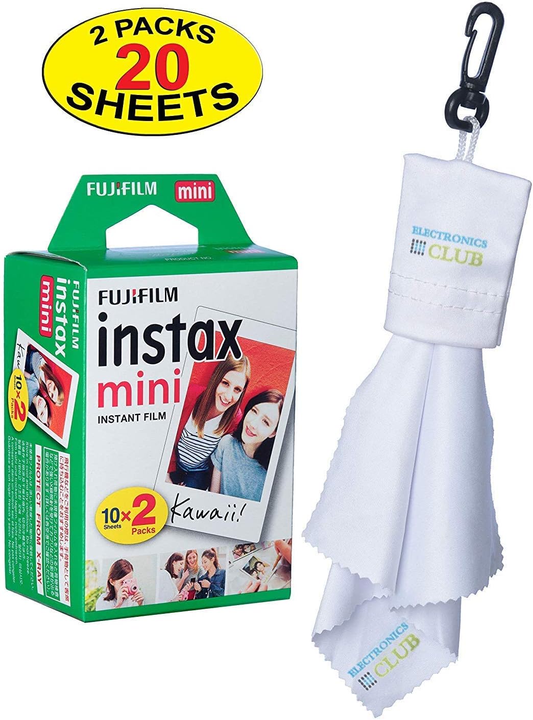 Fujifilm Twin-Pack of 10 Instax Mini Film (20-Sheets) | Designed for Mini 8 / Mini 9 Camera | Develops and Prints Photos Instantly | -Bonus- Free Lens Cleaner Microfiber Cloth