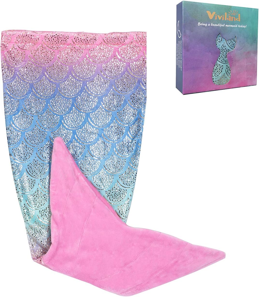Viviland Kids Mermaid Tail Blanket for Girls Teens - Kids All Seasons Snuggle Mermaid Sleeping Bag - Flannel Fleece Mermaid Blanket Gifts for Girls - Glittering Rainbow Fish Scale Red Tail 19"×51"