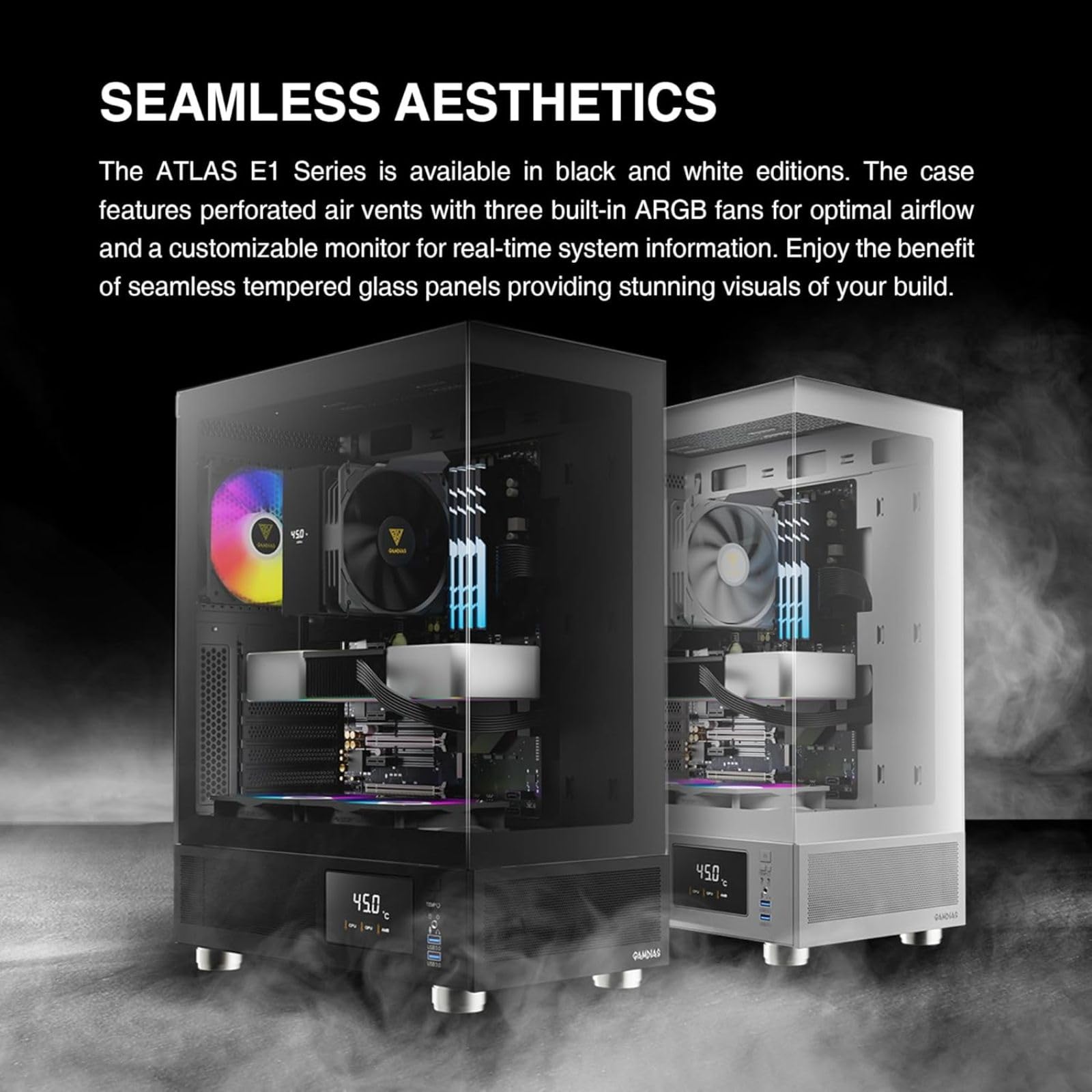 GAMDIAS ATX Mid Tower Computer Case with Tempered Glass, Gaming PC Case w/Temperature Display LCD & 3X 120mm ARGB Fans, Support Up to 5X Fans, 240mm AIO/Radiator, 340mm GPU/VGA, 160mm CPU Air Cooler