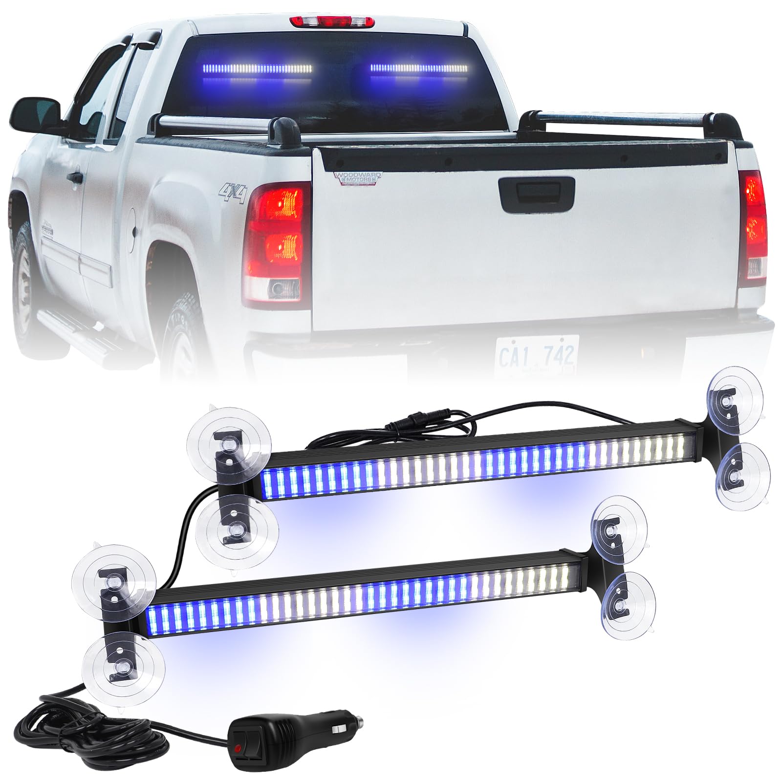 XRIDONSEN 2 in 1 Blue White Emergency Traffic Advisor Light Bar 144 LED Warning Safety Strobe Interior Front Rear Dash Windshield Lights for Firefighter Police Ambulance Vehicles Trucks (2x17.7 inch) Image