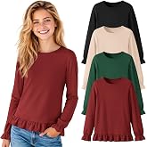 JoyMotion 4 Pack Girls Long Sleeve Ruffle Crewneck Shirts | Soft Casual Basic Tees, Ruffle Crewneck Tops, Long Sleeve Teen Shirts, Kids' Layering Clothes, Sizes 5-14 Years