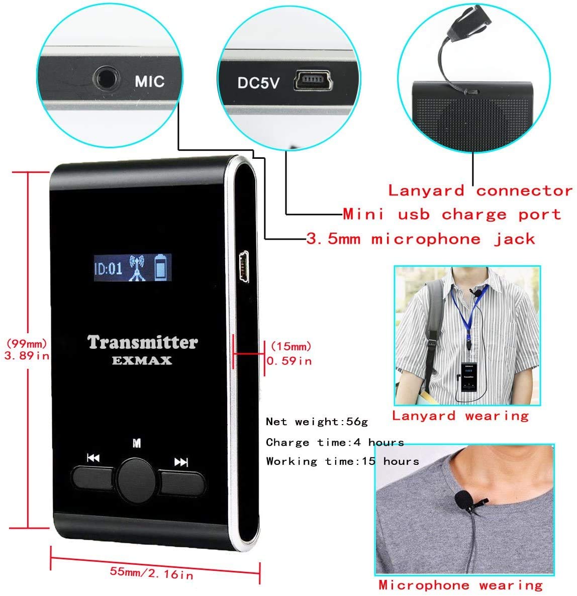 EXMAX Translation Equipment for Church ATG-100T 195MHz Wireless Audio Tour Guide System Voice Transmission for Interpretation City Tour Museum Exhibition Travel Classroom (1 Transmitter 15 Receivers)